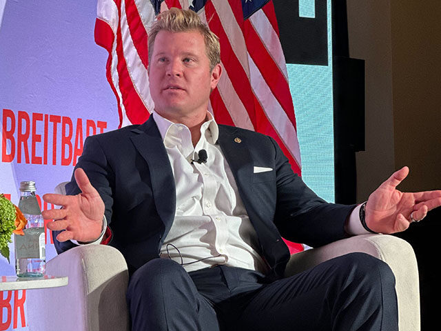 Sen. Tim Sheehy (R-MT) sat for an interview at the Breitbart News policy event in Washingt