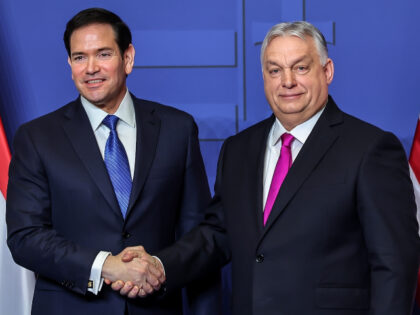 S Secretary of State Marco Rubio (L) shakes hands with Hungary's Prime Minister Vikto