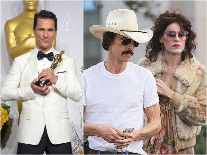 Matthew McConaughey celebrates in the press room after winning the Best Actor Oscar for hi
