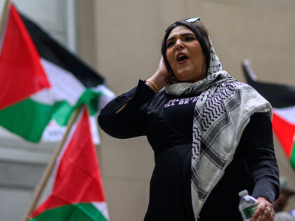 Nerdeen Kiswani speaks during a protest commemorating Nakba Day on May 15, 2025 in the Bro