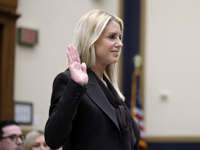 U.S. Attorney General Pam Bondi is sworn in before testifying before the House Judiciary C