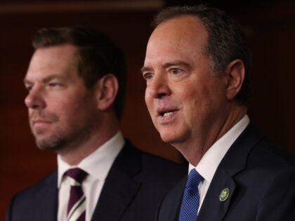 U.S. Rep. Adam Schiff (D-CA) (R), joined by Rep. Eric Swalwell (D-CA), speaks at a press c
