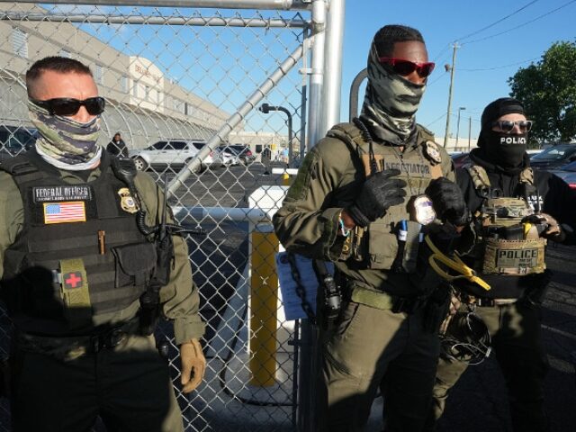 Immigration and Customs Enforcement (ICE) agents stand near a gate at Delaney Hall, a newl