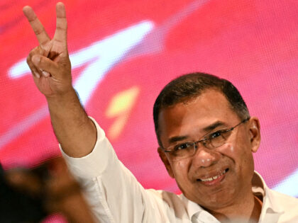 Bangladesh Nationalist Party (BNP) chairman Tarique Rahman shows victory sign after addres