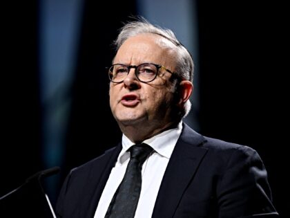 Australia's Prime Minister Anthony Albanese speaks during the "Light Will Win" memorial se