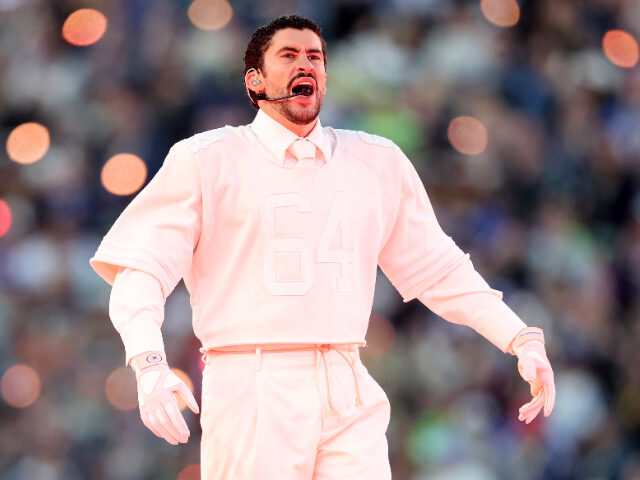 SANTA CLARA, CALIFORNIA - FEBRUARY 08: Bad Bunny performs onstage during the Apple Music S