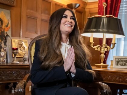 Kimberly Guilfoyle, U.S. Ambassador to Greece gestures during her meeting with the Archbis
