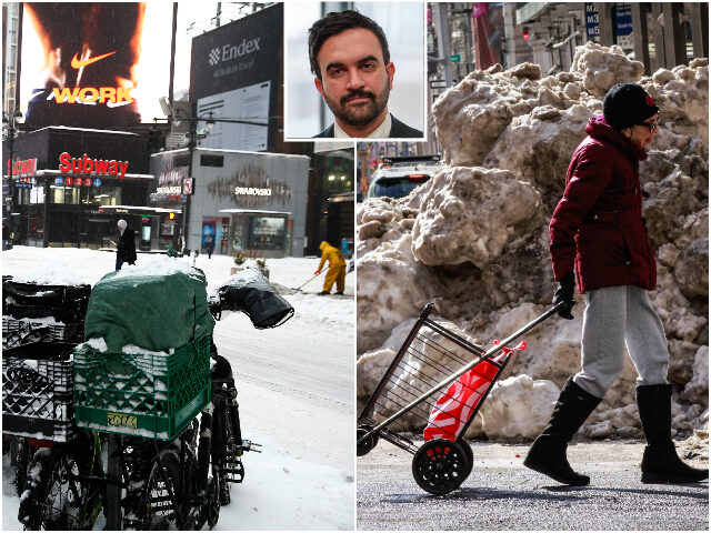 NEW YORK, NEW YORK- JANUARY 25: Bicycles are parked in midtown Manhattan during a snowstor
