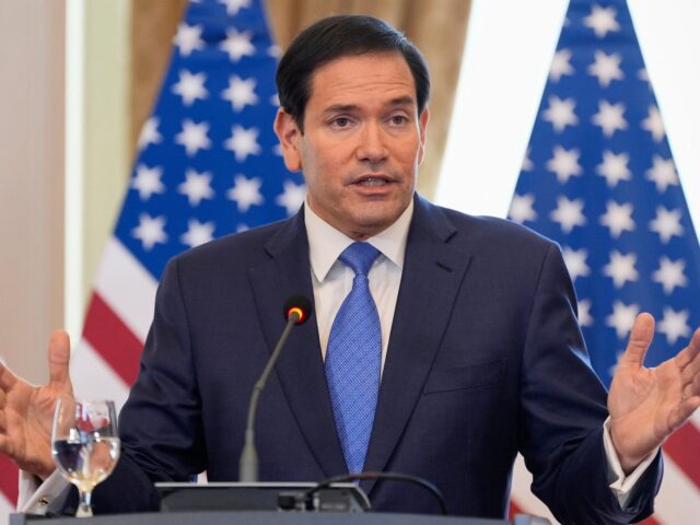 US Secretary of State Marco Rubio speaks during a joint news conference with Slovakia's Pr