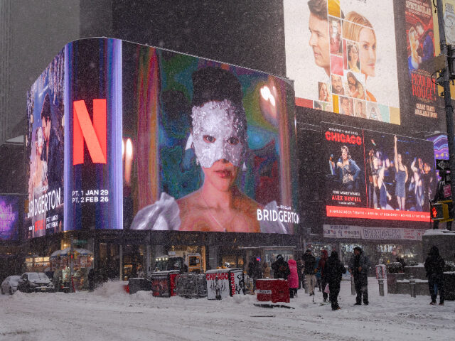 NEW YORK, NEW YORK - JANUARY 25: A view of a billboard in Times Square displaying the Netf