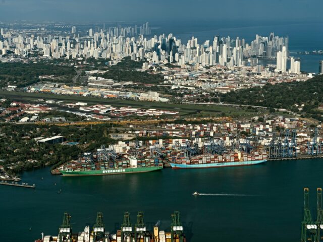 The skyline of Panama City behind the Port of Balboa at the Pacific entrance of the Panama