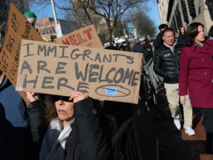 NEW YORK, NEW YORK - FEBRUARY 05: People gather to protest Immigration and Customs Enforce