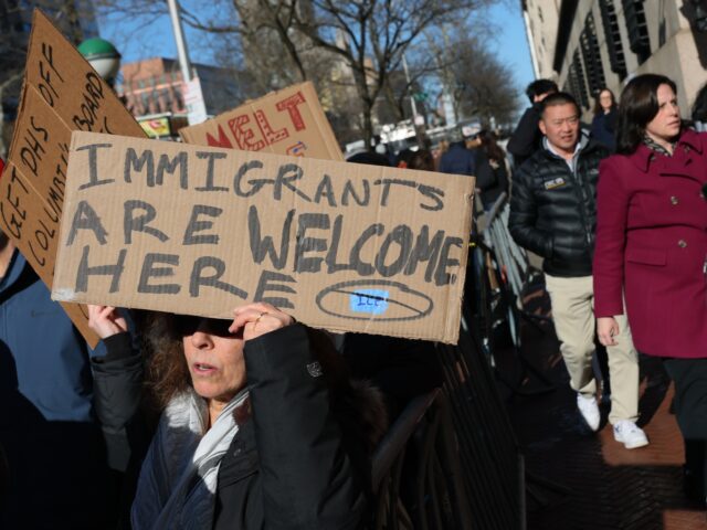 NEW YORK, NEW YORK - FEBRUARY 05: People gather to protest Immigration and Customs Enforce
