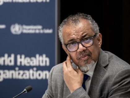 WHO Director-General Tedros Adhanom Ghebreyesus gestures during a press conference with th
