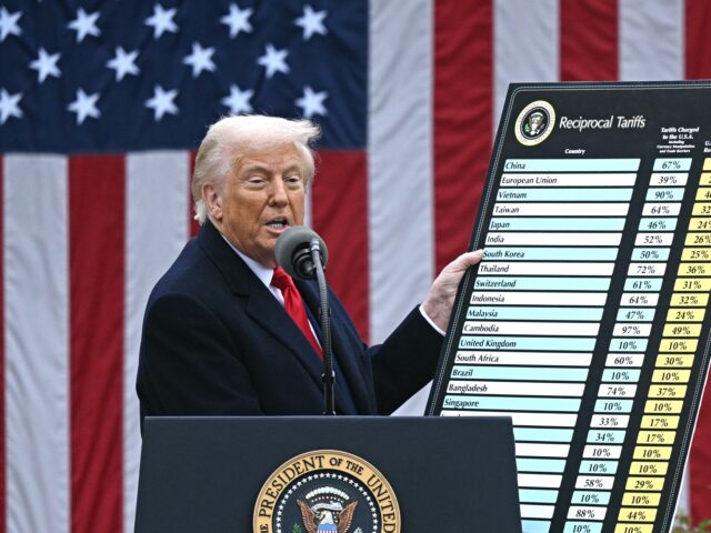 US President Donald Trump holds a chart as he delivers remarks on reciprocal tariffs durin