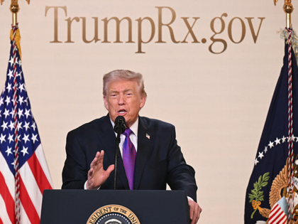US President Donald Trump speaks to introduce the new TrumpRx website in the South Court A