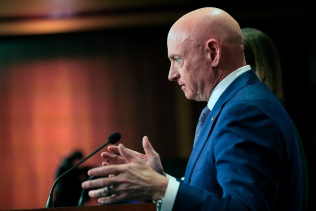 Democratic Senator Mark Kelly speaks during a news conference at the US Capitol on Februar