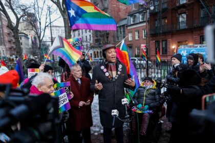 Human Rights activist Jay Walker speaks during a protest in front of the Stonewall Monumen