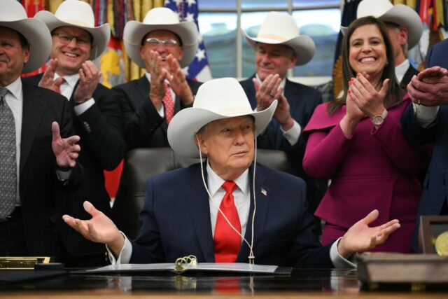 US President Donald Trump, seen in a cowboy hat during a bill signing ceremony in December