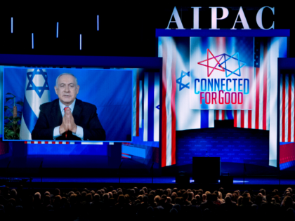 Israeli Prime Minister Benjamin Netanyahu speaks on a video from Israel to the 2019 Americ