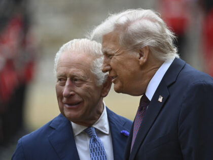 President of the U.S. Donald Trump, right, and Britain's King Charles, speak to each