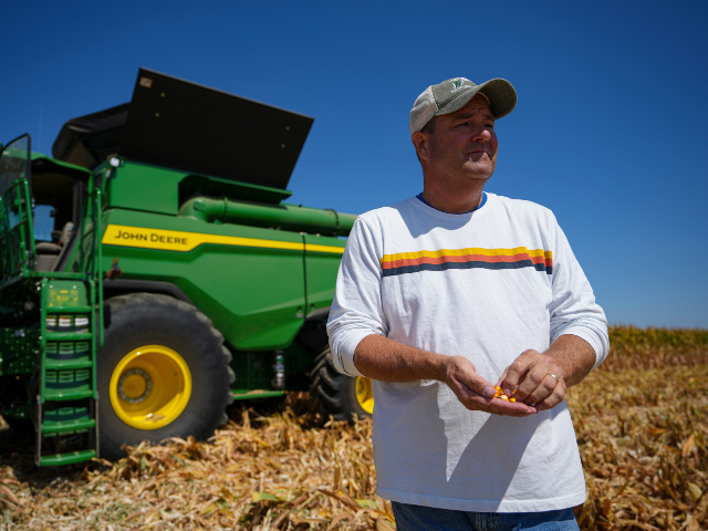 AP25267500455591 Brian Warpup pauses during harvest on his farm in Warren, Ind., Thursday, Sept. 11, 2025.