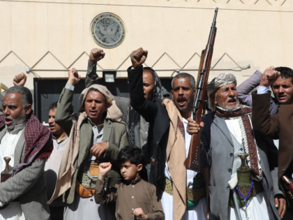 AP26042344802601 Houthi supporters shout slogans during a rally in front of the American embassy in Sanaa,