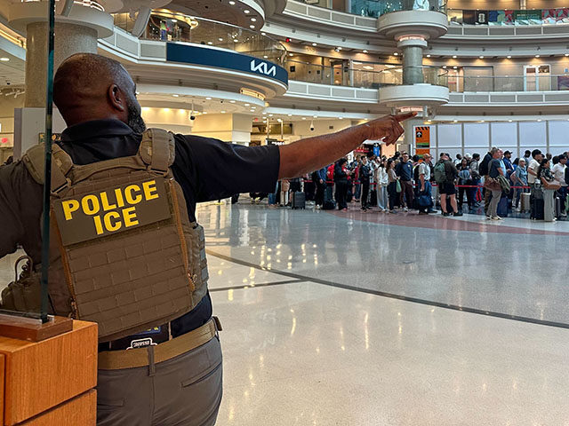 Title: Travel Delays Image ID: 26082459736115 Article: A federal immigration agent is seen