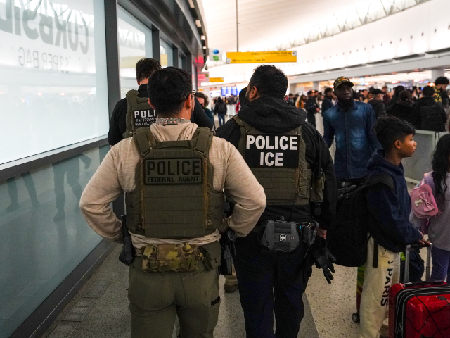 Federal immigration agents walk through Terminal 5 at John F. Kennedy International Airpor