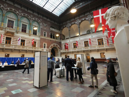 People line up to receive their ballots at a polling station at City Hall in Copenhagen, D