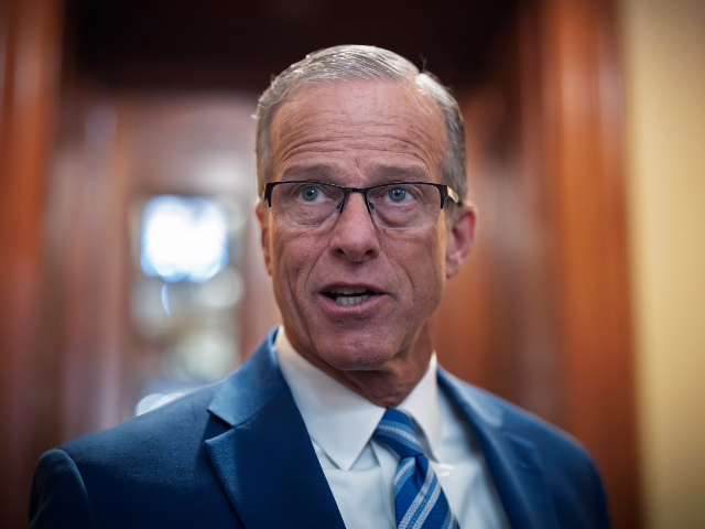 Senate Majority Leader John Thune, R-S.D., talks with reporters asking about a proposal to