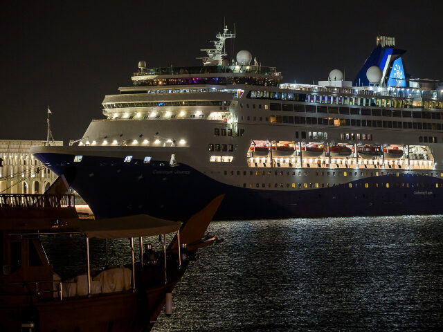 Cruise ship stranded in Doha, Qatar The Celestyal Journey cruise ship is berthed at the Old Doha Port terminal in Doha, Qatar,