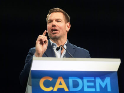 California gubernatorial candidate Eric Swalwell speaks at the 2026 California Democratic