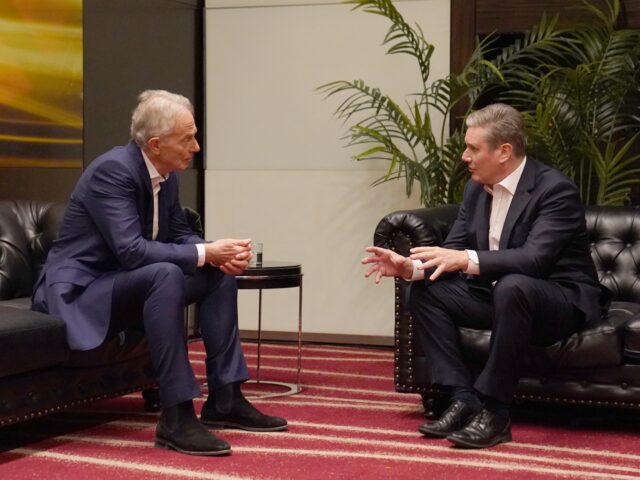 Tony Blair (left) speaks with Labour leader Sir Keir Starmer during the Tony Blair Institu