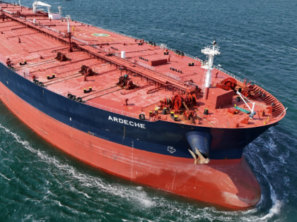 YANTAI, CHINA - OCTOBER 15, 2023 - A large oil tanker leaves the 300,000-ton crude oil ter