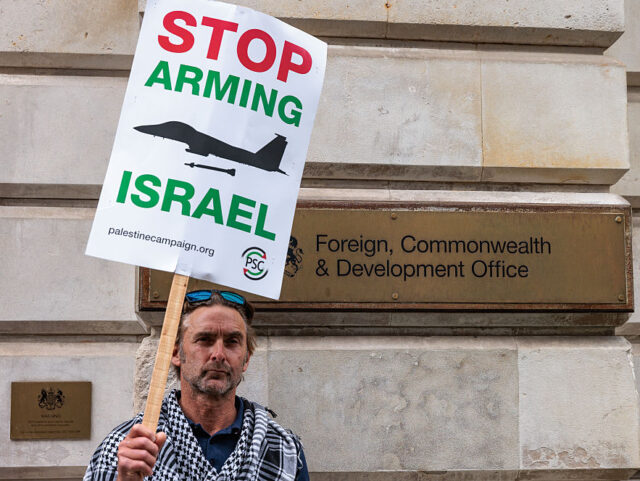 A pro-Palestinian activist holding a placard reading 'Stop Arming Israel' protes