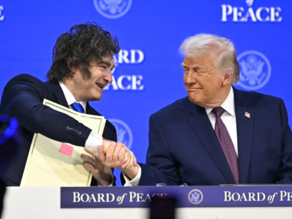 Argentina's President Javier Milei (L) shakes hands with US President Donald Trump as he h