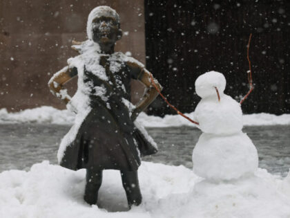 NEW YORK, NEW YORK - FEBRUARY 23: The Fearless Girl statue is seen next to a snowman in fr