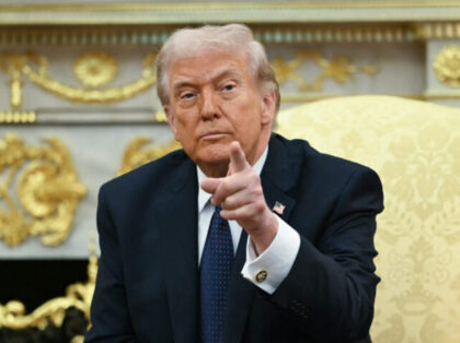 US President Donald Trump speaks during a meeting with German Chancellor Friedrich Merz in
