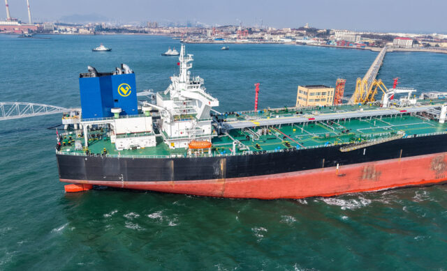 New Horizon crude oil tanker berths at the oil terminal of the port of Qingdao, in China&#