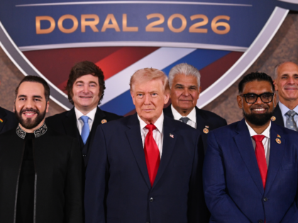 DORAL, FLORIDA - MARCH 07: U.S. President Donald Trump stands with (L-R) Luis Abinader, Pr