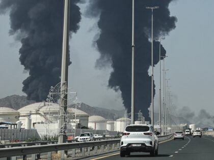 Smoke rises from the direction of an energy installation in the Gulf emirate of Fujairah o