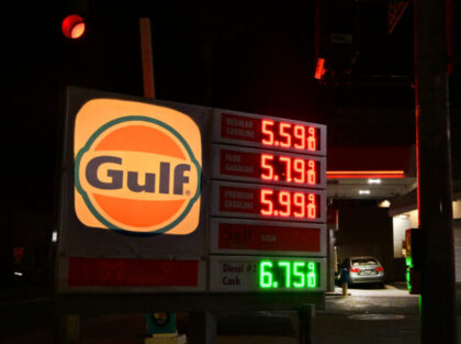 Gas prices are seen at a gas station in Los Angeles, on March 23, 2026. (Photo by Frederic