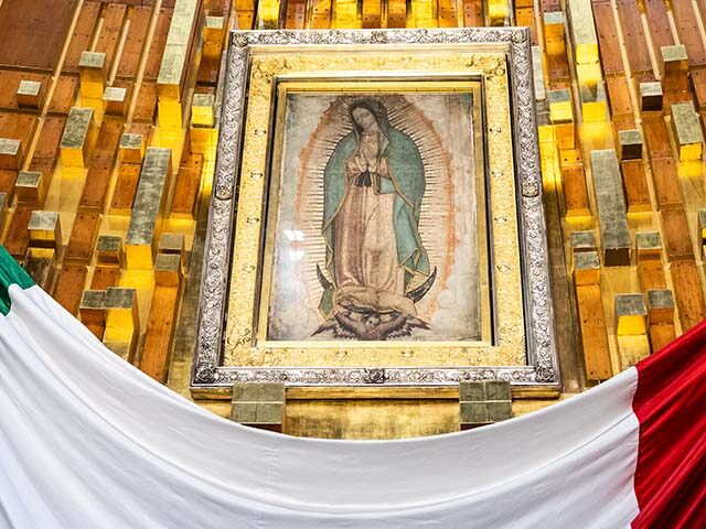 GettyImages2189460122 The original tilma of Juan Diego hangs above the high altar of the Guadalupe Basilica on D