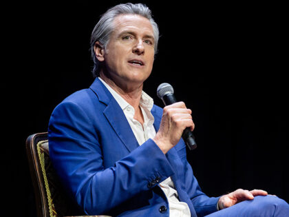 California governor Gavin Newsom onstage during a talk promoting his new book Young Man in