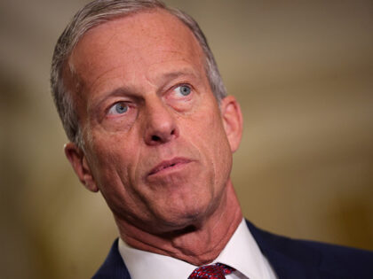 U.S. Senate Majority Leader John Thune (R-SD) speaks to reporters following the weekly Sen