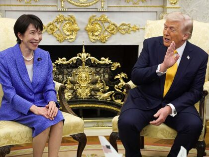 Prime Minister of Japan Sanae Takaichi (L) meets with U.S. President Donald Trump during a