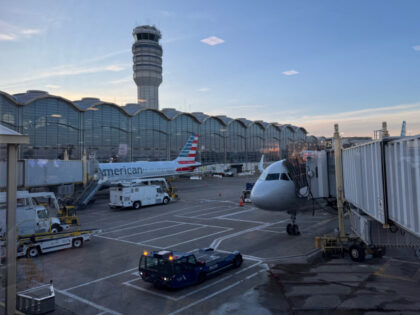 The control tower is seen from inside a terminal during a ground stop at Ronald Reagan Was