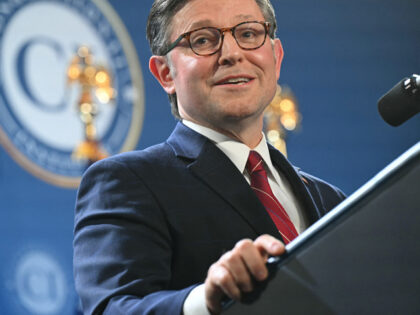 US House Speaker Mike Johnson addresses the Republican Members Issue Conference at Trump N