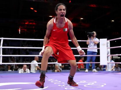 PARIS, FRANCE - AUGUST 03: Imane Khelif of Team Algeria celebrates victory against Anna Lu